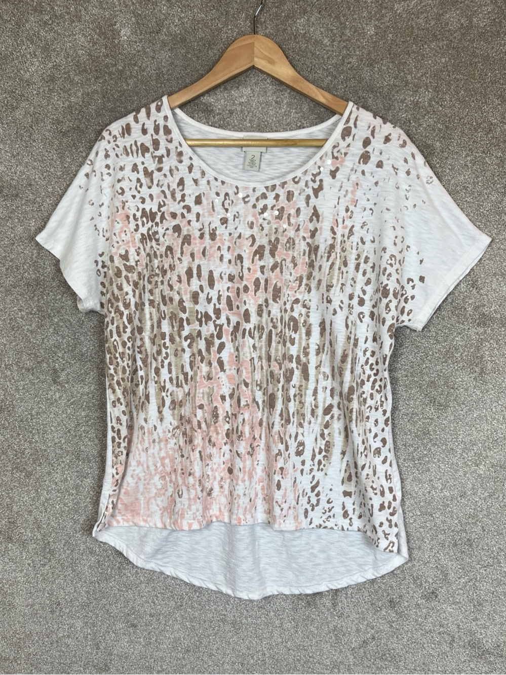 Chico's Zenergy Shirt Womens 2 White Pink Animal Print Sequin Stretch- 5348